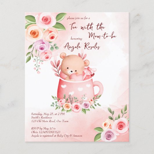 Tea party baby shower teddy mok budget nodigt uit (Voorkant)