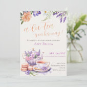 Tea Party Baby shower Uitnodiging | PAARSE (Staand voorkant)
