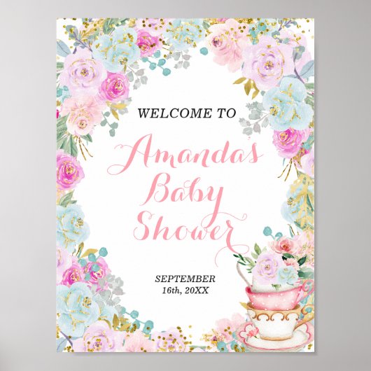 Tea Party Baby shower Welkomstteken Poster (Voorkant)