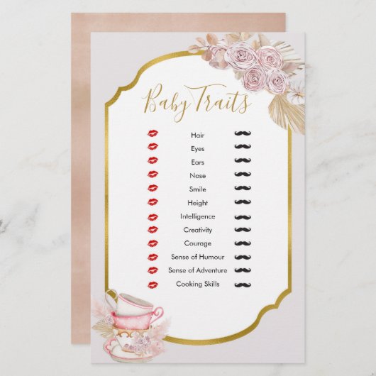 Tea Party Baby Traits Games Shower (Voorkant / Achterkant)