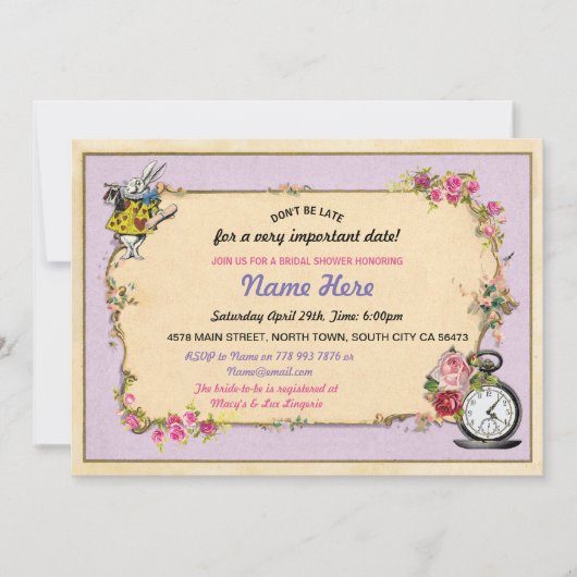 Tea Party Bachelorette Rabbit Paars Invite Kaart (Voorkant)