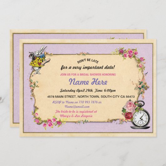 Tea Party Bachelorette Rabbit Paars Invite Kaart (Voorkant / Achterkant)