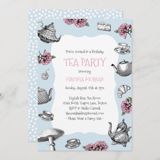  Tea Party Birthday Baby Blue Kaart (Voorkant / Achterkant)