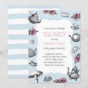 Tea Party Birthday Baby Blue Stripes Kaart