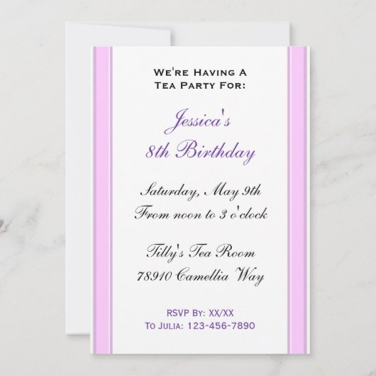 Tea Party Birthday Custom roze Striped Invitations Kaart (Achterkant)