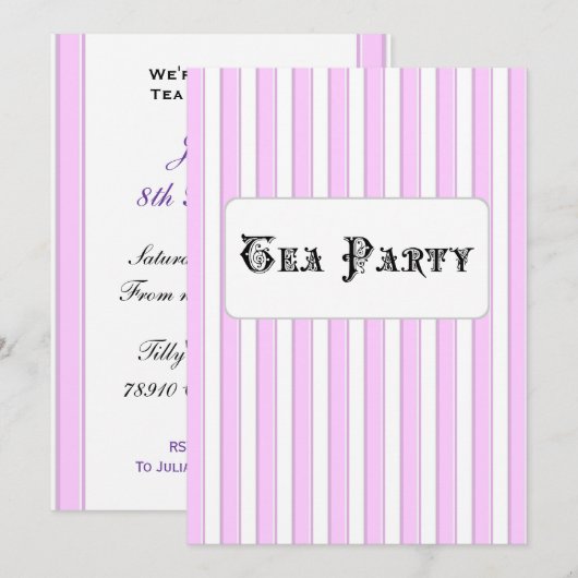 Tea Party Birthday Custom roze Striped Invitations Kaart (Voorkant / Achterkant)