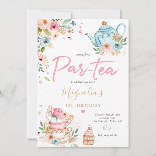 Tea Party Birthday Girl Pink & Gold Floral Par-tea Kaart (Voorkant)