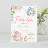 Tea Party Birthday Girl Pink & Gold Floral Par-tea Kaart (Staand voorkant)