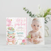 Tea Party Birthday Girl Pink & Gold Floral Par-tea Kaart (Staand voorkant)