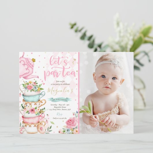 Tea Party Birthday Girl Pink & Gold Floral Par-tea Kaart (Staand voorkant)