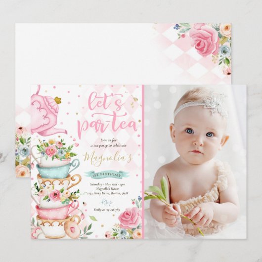 Tea Party Birthday Girl Pink & Gold Floral Par-tea Kaart (Voorkant / Achterkant)