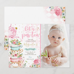 Tea Party Birthday Girl Pink & Gold Floral Par-tea Kaart