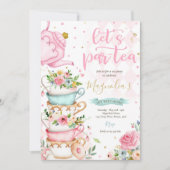 Tea Party Birthday Girl Pink & Gold Floral Par-tea Kaart (Voorkant)