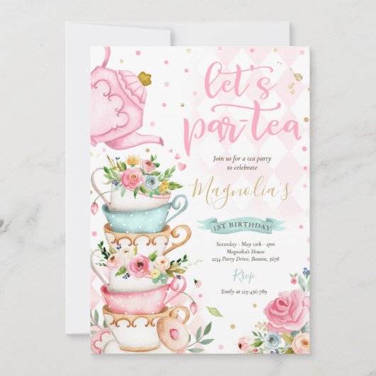 Tea Party Birthday Girl Pink & Gold Floral Par-tea Kaart (Voorkant)
