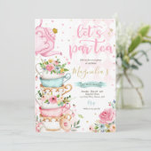 Tea Party Birthday Girl Pink & Gold Floral Par-tea Kaart (Staand voorkant)