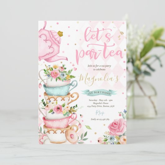 Tea Party Birthday Girl Pink & Gold Floral Par-tea Kaart (Staand voorkant)