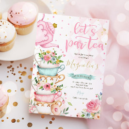 Tea Party Birthday Girl Pink & Gold Floral Par-tea Kaart