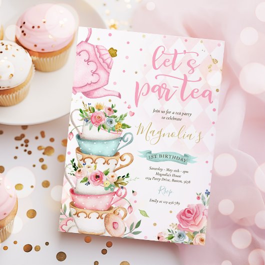 Tea Party Birthday Girl Pink & Gold Floral Par-tea Kaart