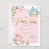 Tea Party Birthday Girl Pink & Gold Floral Par-tea Kaart (Voorkant)