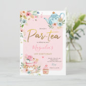 Tea Party Birthday Girl Pink & Gold Floral Par-tea Kaart (Staand voorkant)