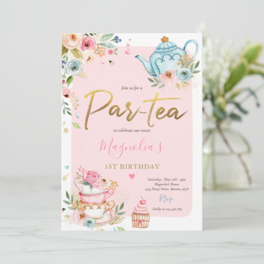 Tea Party Birthday Girl Pink & Gold Floral Par-tea Kaart (Staand voorkant)