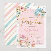 Tea Party Birthday Girl Pink & Gold Floral Par-tea Kaart (Voorkant / Achterkant)