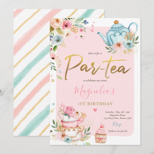 Tea Party Birthday Girl Pink & Gold Floral Par-tea Kaart (Voorkant / Achterkant)