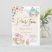 Tea Party Birthday Girl Pink & Gold Floral Par-tea Kaart (Staand voorkant)