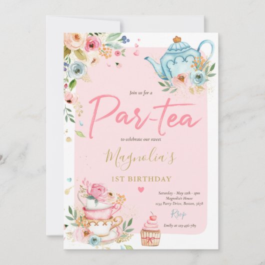 Tea Party Birthday Girl Pink & Gold Floral Par-tea Kaart (Voorkant)