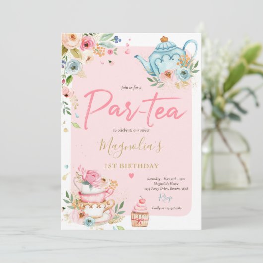 Tea Party Birthday Girl Pink & Gold Floral Par-tea Kaart (Staand voorkant)