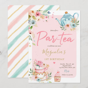 Tea Party Birthday Girl Pink & Gold Floral Par-tea Kaart