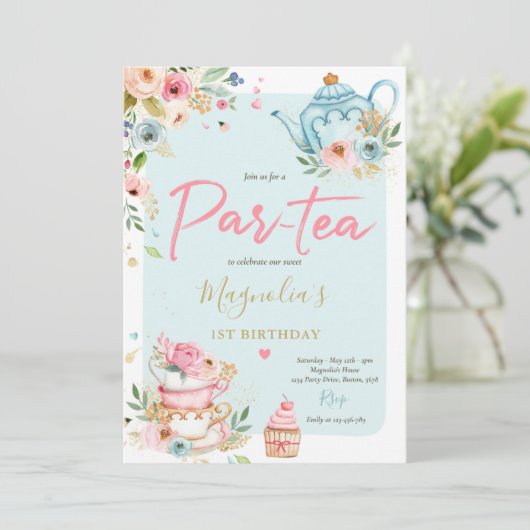 Tea Party Birthday Girl Pink & Gold Floral Par-tea Kaart (Staand voorkant)