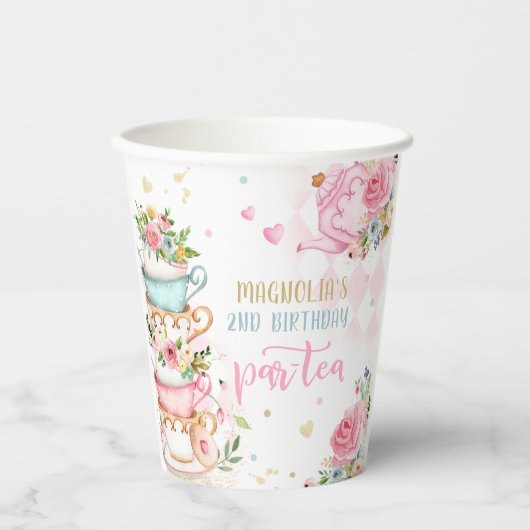 Tea Party Birthday Girl Pink & Gold Floral Par-tea Papieren Bekers (Voorkant)
