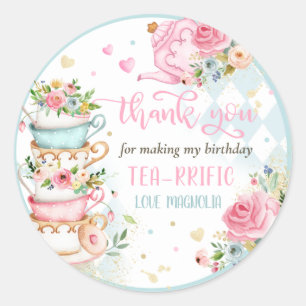 Tea Party Birthday Girl Pink & Gold Floral Par-tea Ronde Sticker