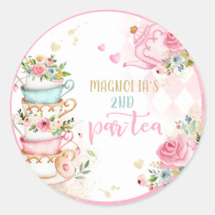 Tea Party Birthday Girl Pink & Gold Floral Par-tea Ronde Sticker