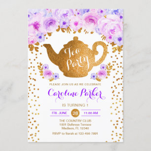 Tea Party Birthday - Gold White Paars Floral Kaart