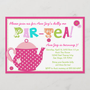 Tea Party Birthday Invitation for Girls and Dolly Kaart