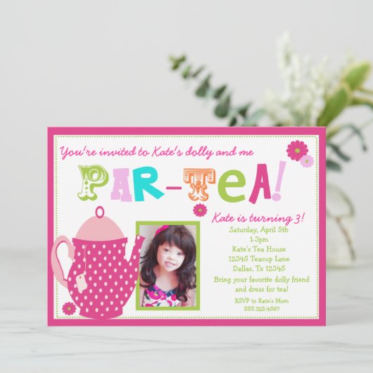 Tea Party Birthday Invitation for Girls with Photo Kaart (Staand voorkant)