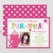 Tea Party Birthday Invitation for Girls with Photo Kaart (Voorkant / Achterkant)