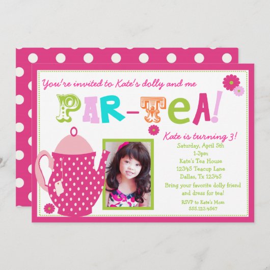 Tea Party Birthday Invitation for Girls with Photo Kaart (Voorkant / Achterkant)