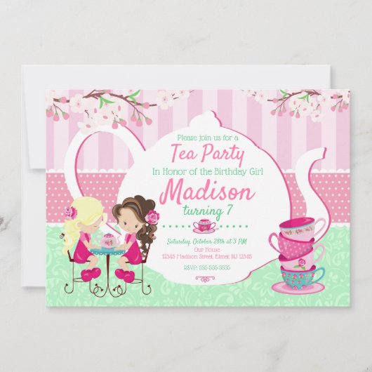 Tea Party Birthday Invitation / Girl / Roze Blauwg Kaart (Voorkant)