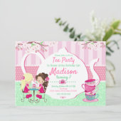 Tea Party Birthday Invitation / Girl / Roze Blauwg Kaart (Staand voorkant)