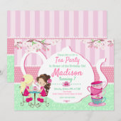 Tea Party Birthday Invitation / Girl / Roze Blauwg Kaart (Voorkant / Achterkant)