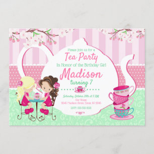 Tea Party Birthday Invitation / Girl / Roze Blauwg Kaart