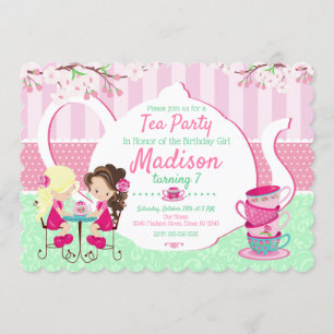 Tea Party Birthday Invitation / Girl / Roze Blauwg Kaart