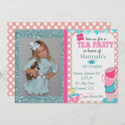 Tea Party Birthday Invitation Kaart (Voorkant / Achterkant)