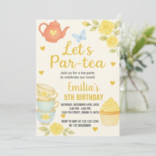 Tea Party Birthday Invitation Kaart (Staand voorkant)