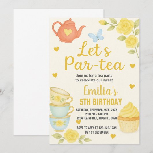 Tea Party Birthday Invitation Kaart (Voorkant / Achterkant)