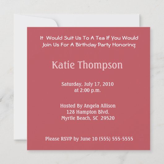 Tea Party Birthday Invitation Kaart (Achterkant)