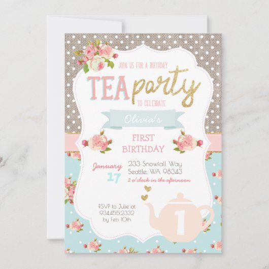 Tea Party Birthday Invitation Kaart (Voorkant)